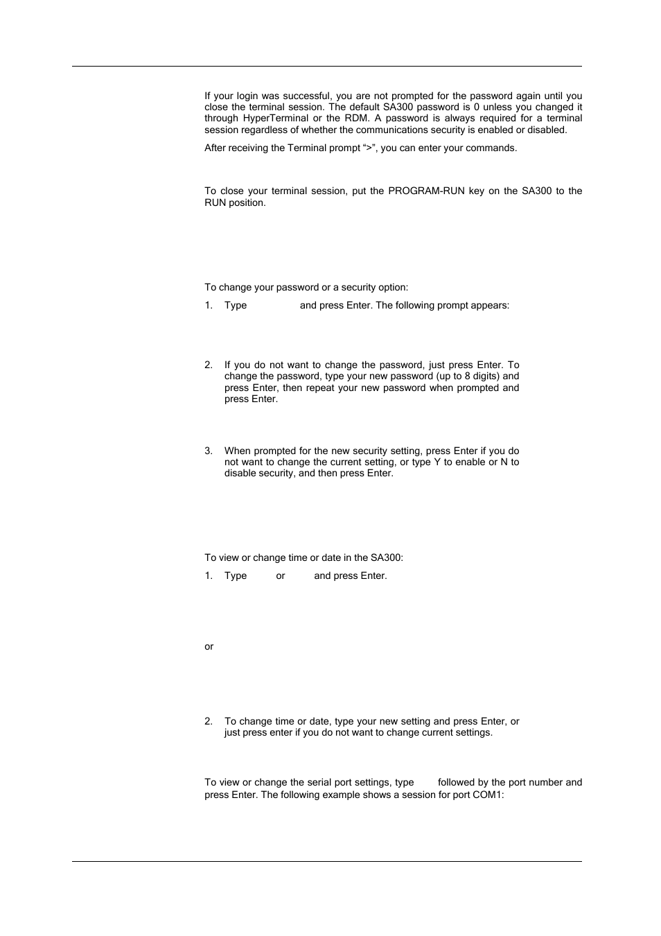 Closing a terminal session, Hyperterminal commands, Changing the password and security | Changing time and date, Configuring serial ports, Configuring, Serial ports, In chapter 4 “using hypert | SATEC SA300 ezPAC Operation Manual User Manual | Page 44 / 182