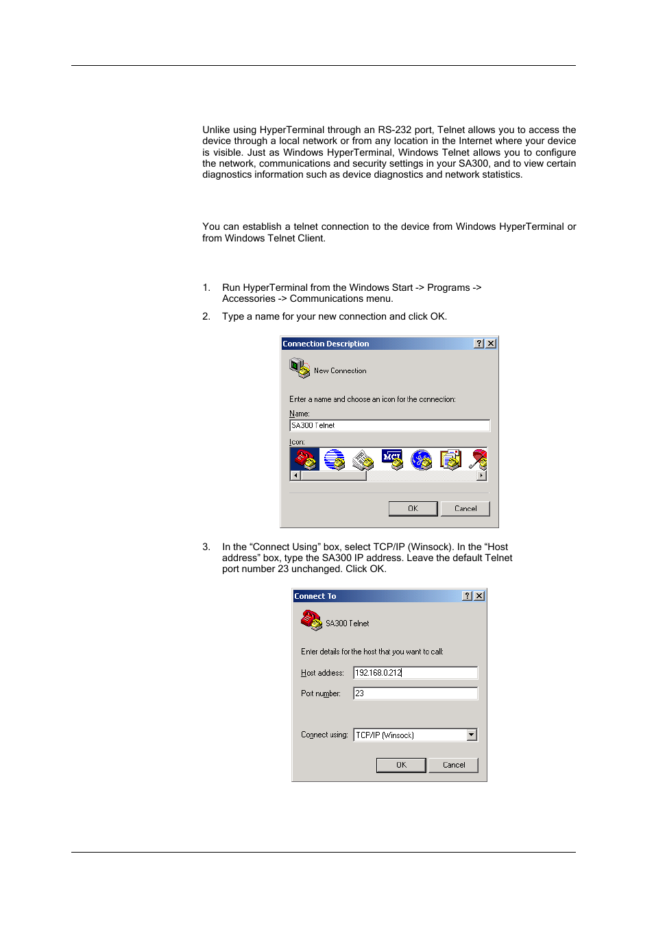 Chapter 5 using telnet, Connecting to the device, Running telnet from hyperterminal | SATEC SA300 ezPAC Operation Manual User Manual | Page 48 / 182