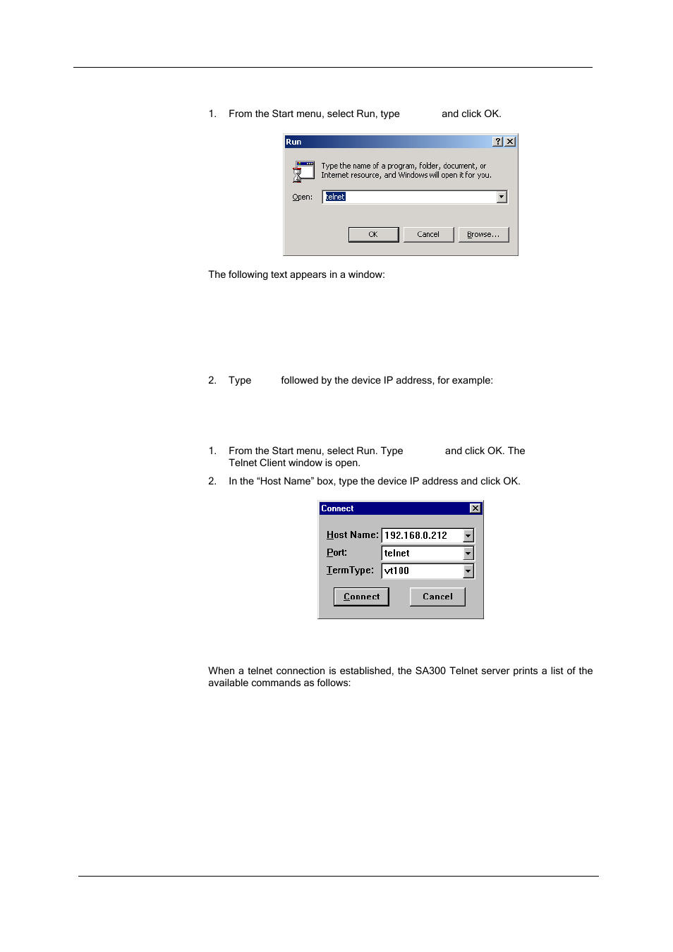 Running the telnet client on windows 98, Opening a telnet session | SATEC SA300 ezPAC Operation Manual User Manual | Page 49 / 182