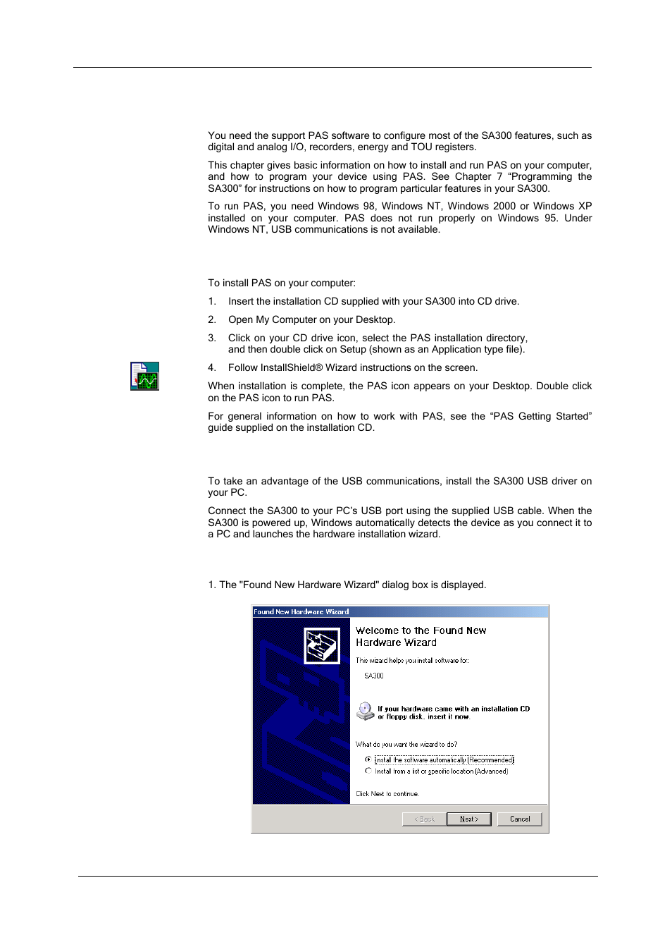 Chapter 6 using pas, Installing pas, Installing the usb driver | Windows xp installation, Using pas | SATEC SA300 ezPAC Operation Manual User Manual | Page 51 / 182
