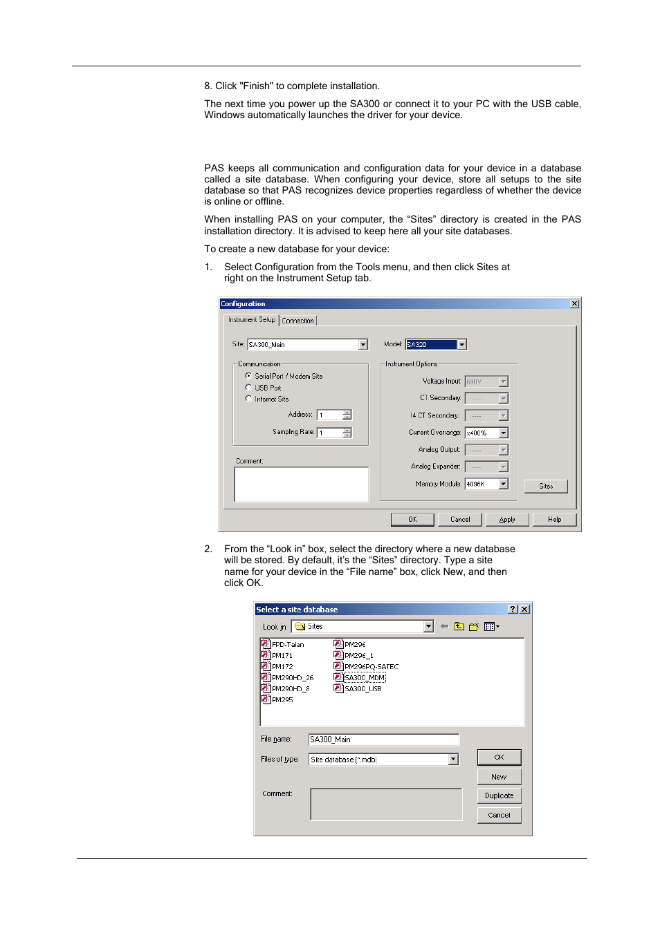 Creating a new site for your device | SATEC SA300 ezPAC Operation Manual User Manual | Page 55 / 182