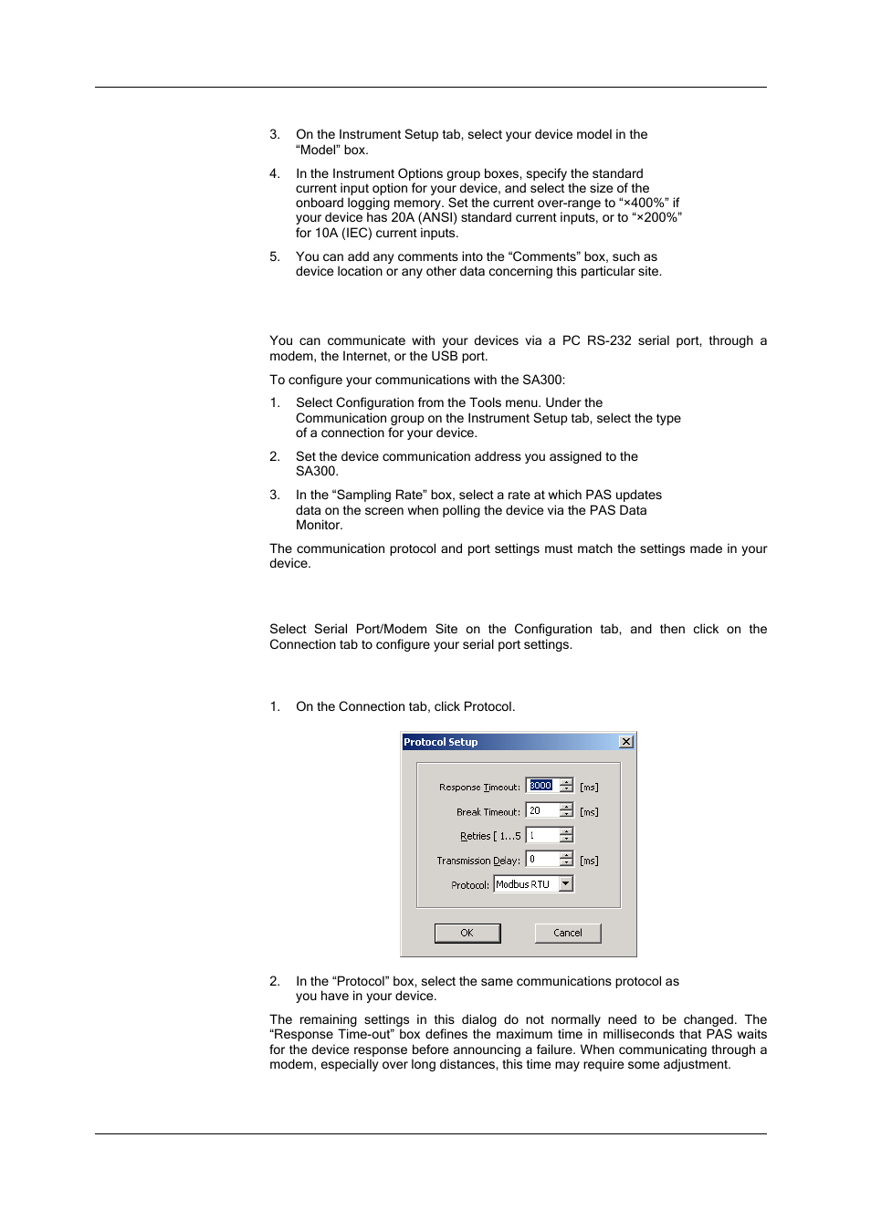 Setting up communications, Communicating through a serial port, Selecting the communications protocol | SATEC SA300 ezPAC Operation Manual User Manual | Page 56 / 182