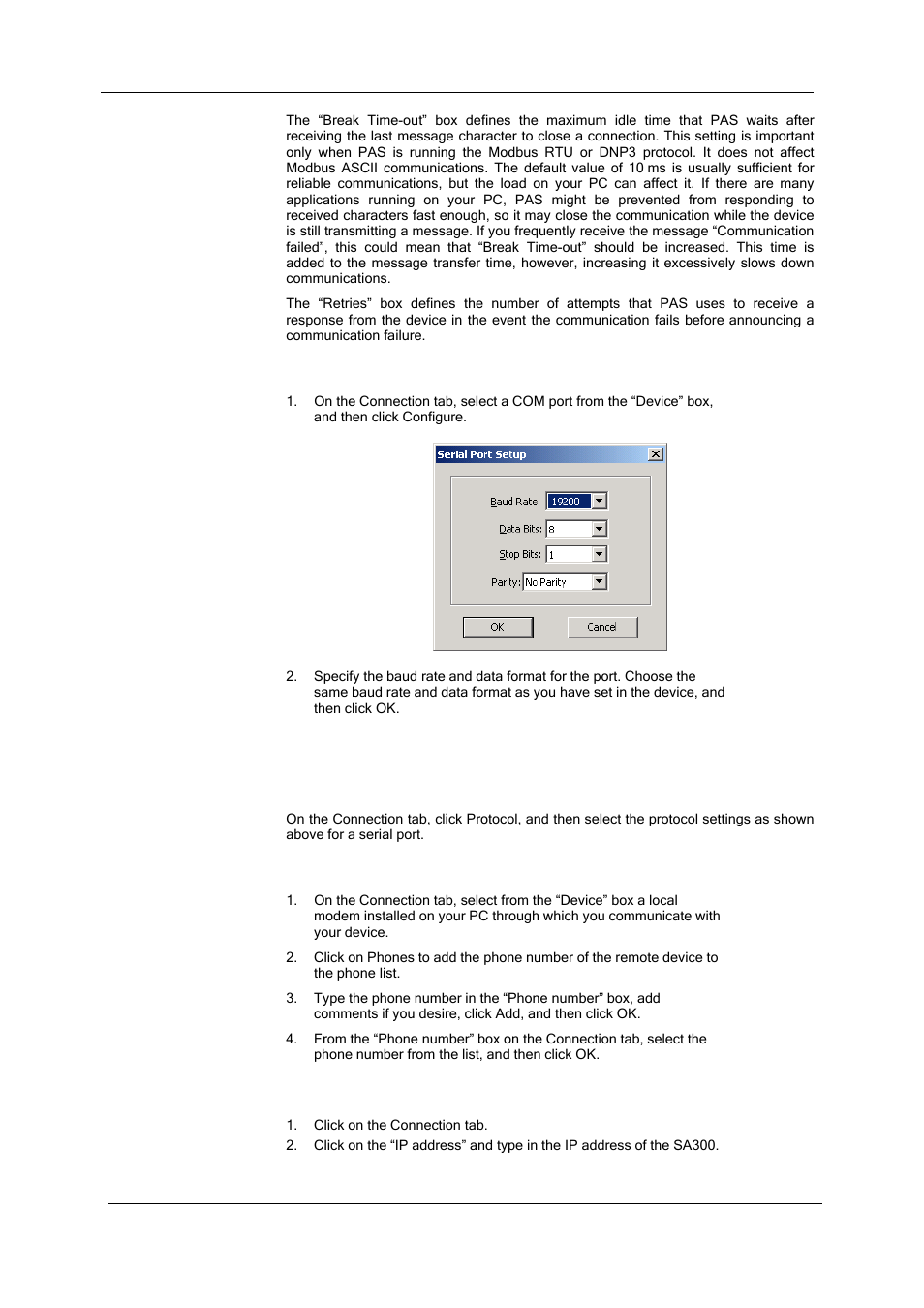 Configuring a serial port, Communicating through a modem, Selecting the communications protocol | Configuring a modem, Communicating through the internet | SATEC SA300 ezPAC Operation Manual User Manual | Page 57 / 182