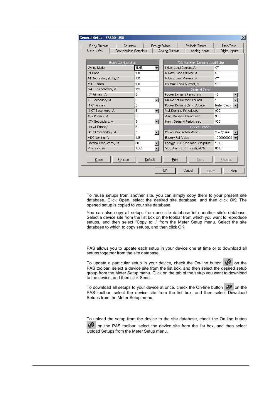 Copying setups to the device database, Downloading setup to the device, Uploading setup from the device | SATEC SA300 ezPAC Operation Manual User Manual | Page 59 / 182