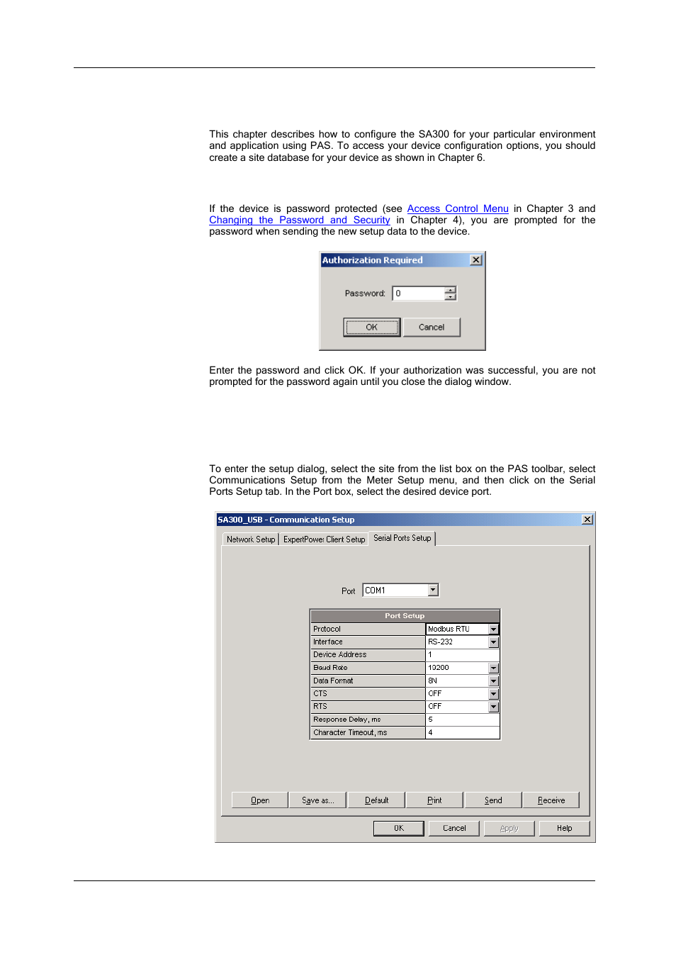 Chapter 7 programming the sa300, Authorization, Changing port settings | Setting up communication ports | SATEC SA300 ezPAC Operation Manual User Manual | Page 60 / 182