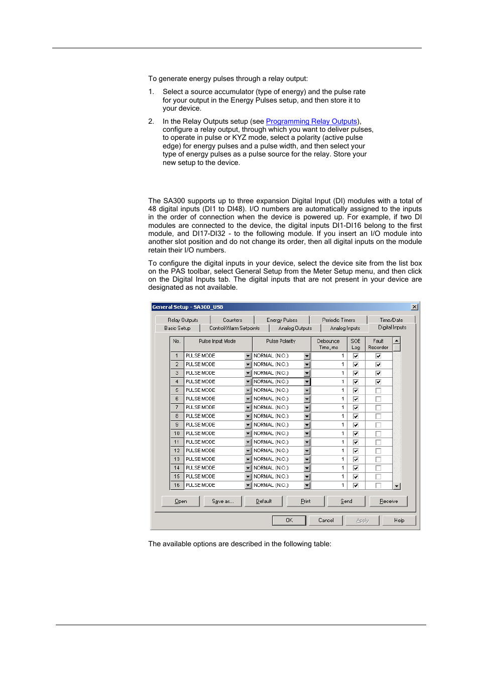 Generating energy pulses through relay outputs, Configuring digital inputs | SATEC SA300 ezPAC Operation Manual User Manual | Page 69 / 182