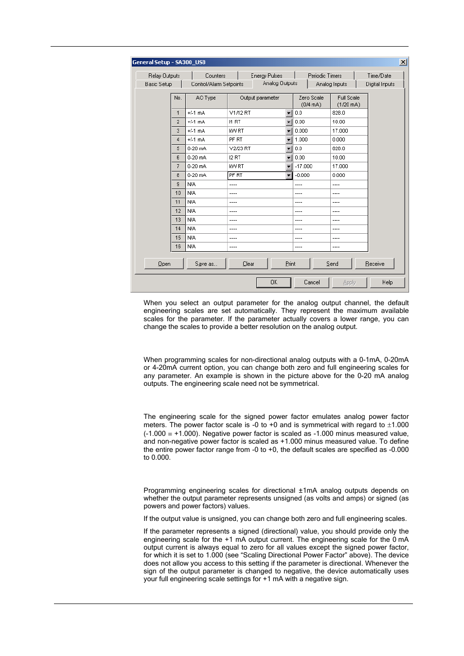 Scaling non-directional analog outputs, Scaling directional power factor, Scaling ±1ma analog outputs | Programming analog outputs | SATEC SA300 ezPAC Operation Manual User Manual | Page 75 / 182
