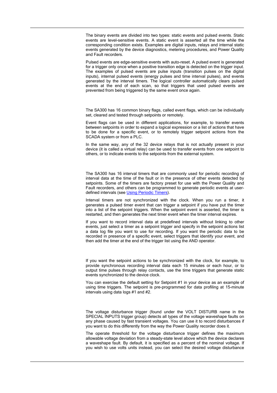 Using event flags and virtual relays, Using interval timers, Using time triggers | Using the voltage disturbance trigger | SATEC SA300 ezPAC Operation Manual User Manual | Page 80 / 182