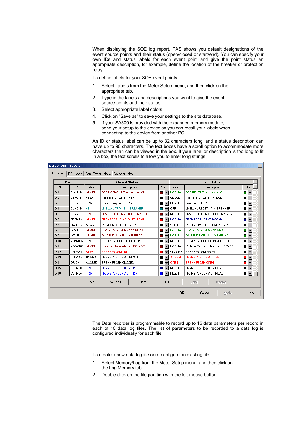 Adding point and status labels to the soe log, Configuring the data recorder, Conventional data log files | Configuring the sequence-of-events recorder | SATEC SA300 ezPAC Operation Manual User Manual | Page 87 / 182