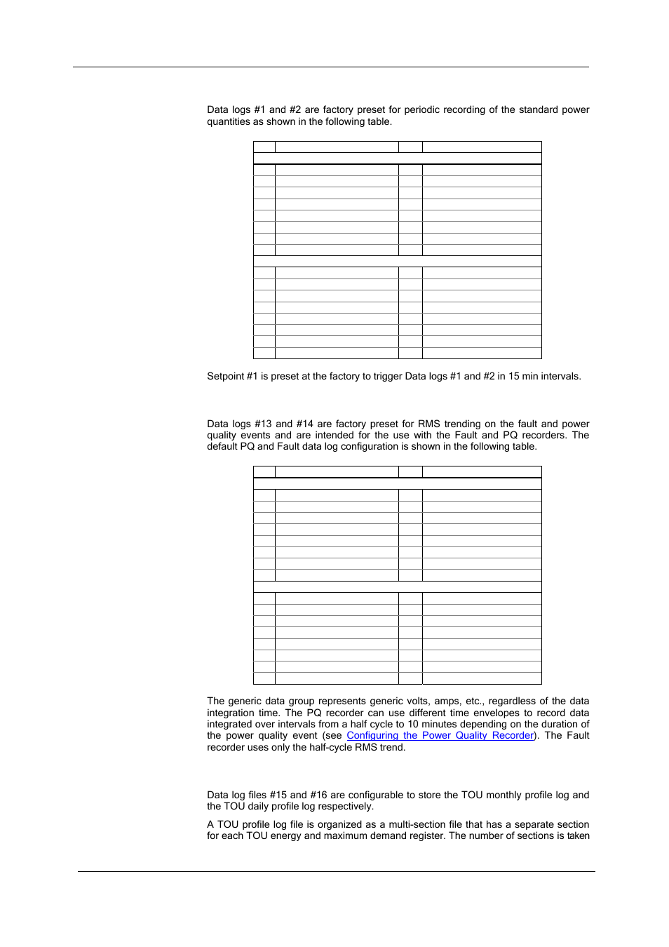 Factory preset periodic data logs, Factory preset fault and pq data logs, Tou profile data log files | Sa300 substation automation unit | SATEC SA300 ezPAC Operation Manual User Manual | Page 89 / 182