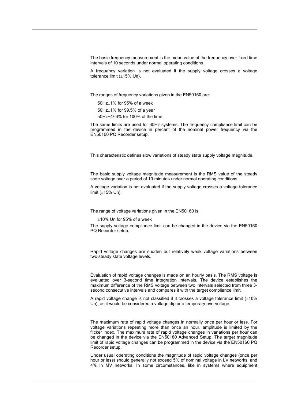 Frequency variations, Method of evaluation, Target values | Supply voltage variations, Rapid voltage changes, Methods of evaluation | SATEC SA300 ezPAC Operation Manual User Manual | Page 98 / 182