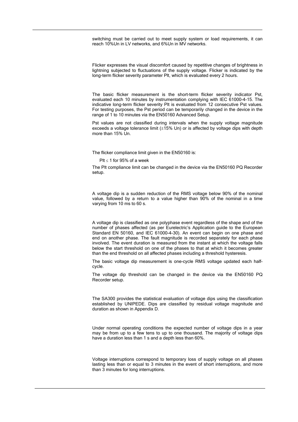 Flicker, Method of evaluation, Target values | Voltage dips, Statistical results, Indicative values, Voltage interruptions | SATEC SA300 ezPAC Operation Manual User Manual | Page 99 / 182