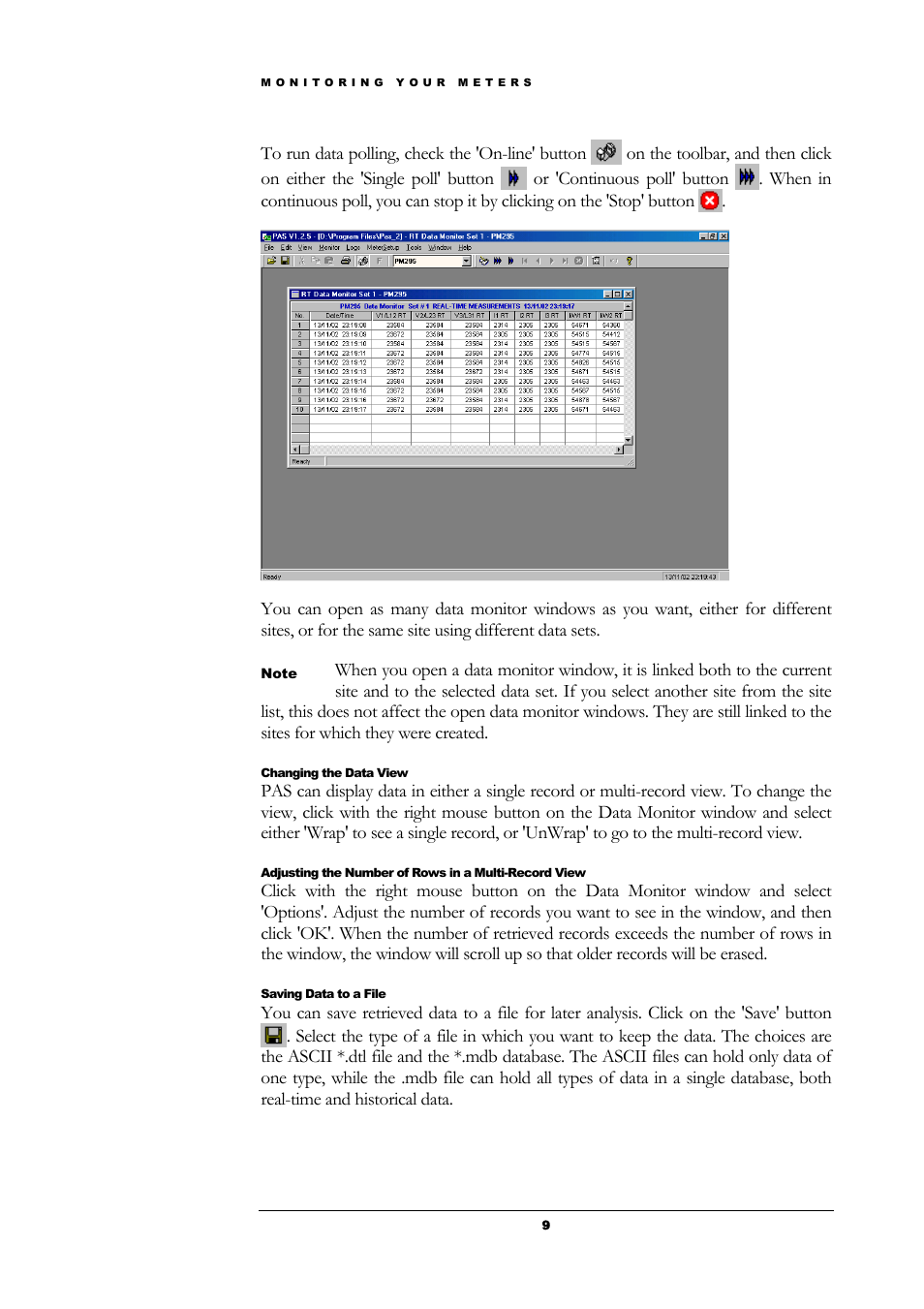 Changing the data view, Saving data to a file | SATEC PAS User Manual | Page 11 / 27