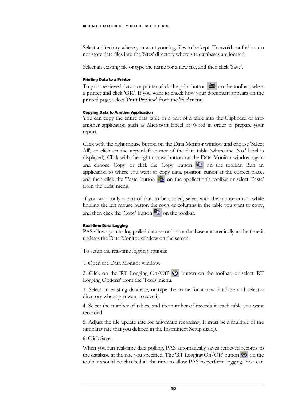 Printing data to a printer, Copying data to another application, Real-time data logging | SATEC PAS User Manual | Page 12 / 27