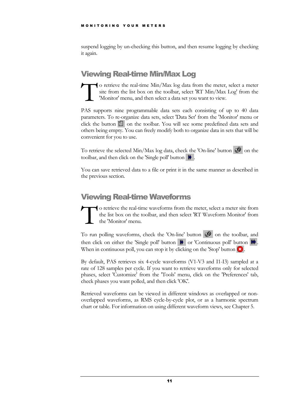 Viewing real-time min/max log, Viewing real-time waveforms | SATEC PAS User Manual | Page 13 / 27