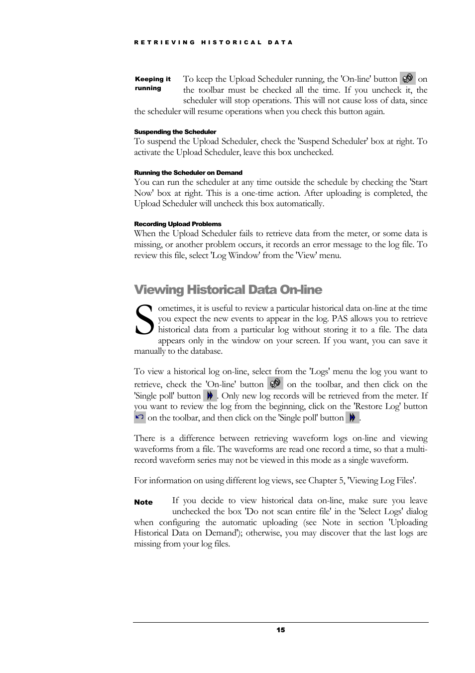 Suspending the scheduler, Running the scheduler on demand, Recording upload problems | Viewing historical data on-line | SATEC PAS User Manual | Page 17 / 27