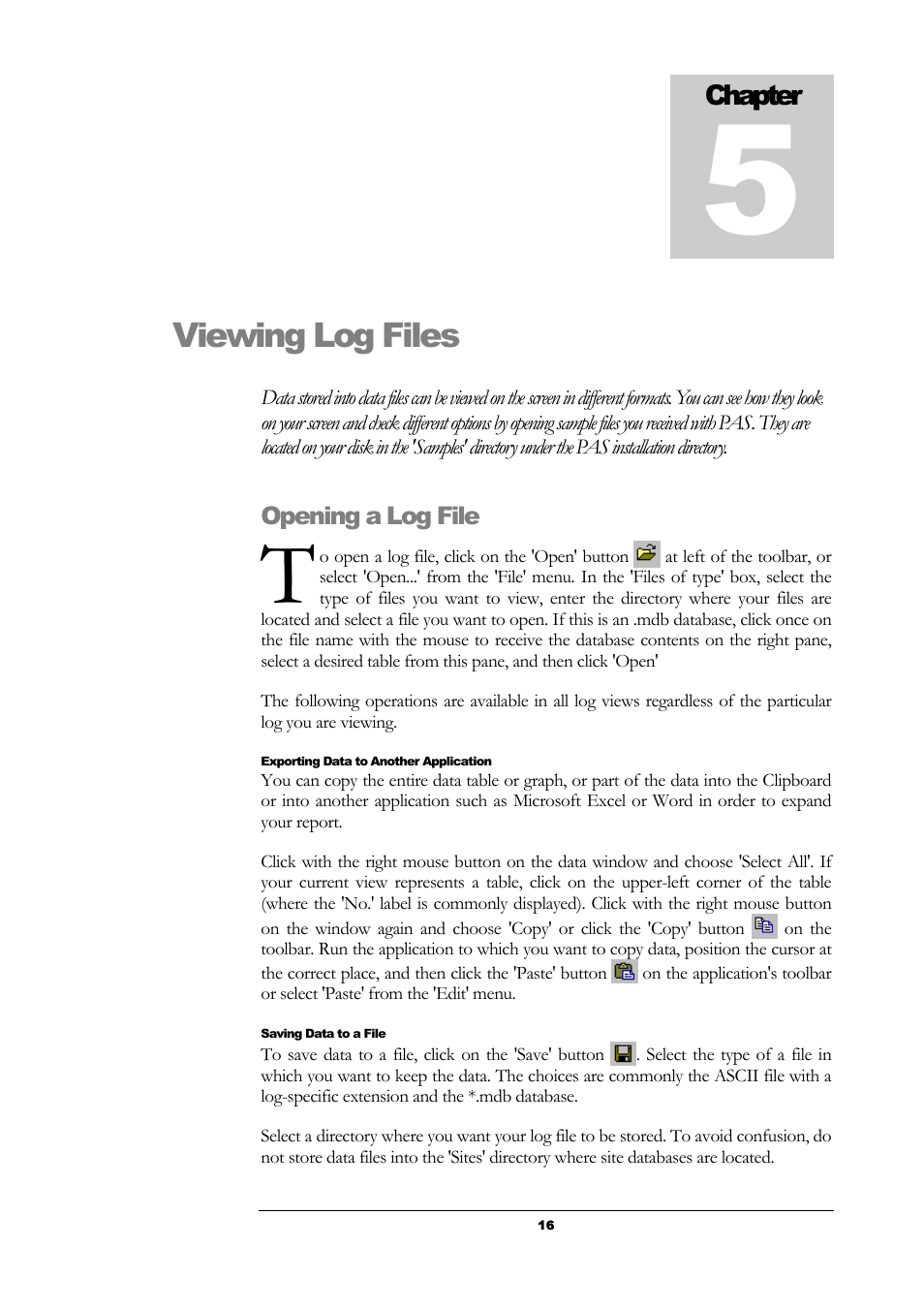 Opening a log file, Exporting data to another application, Saving data to a file | Viewing log files | SATEC PAS User Manual | Page 18 / 27