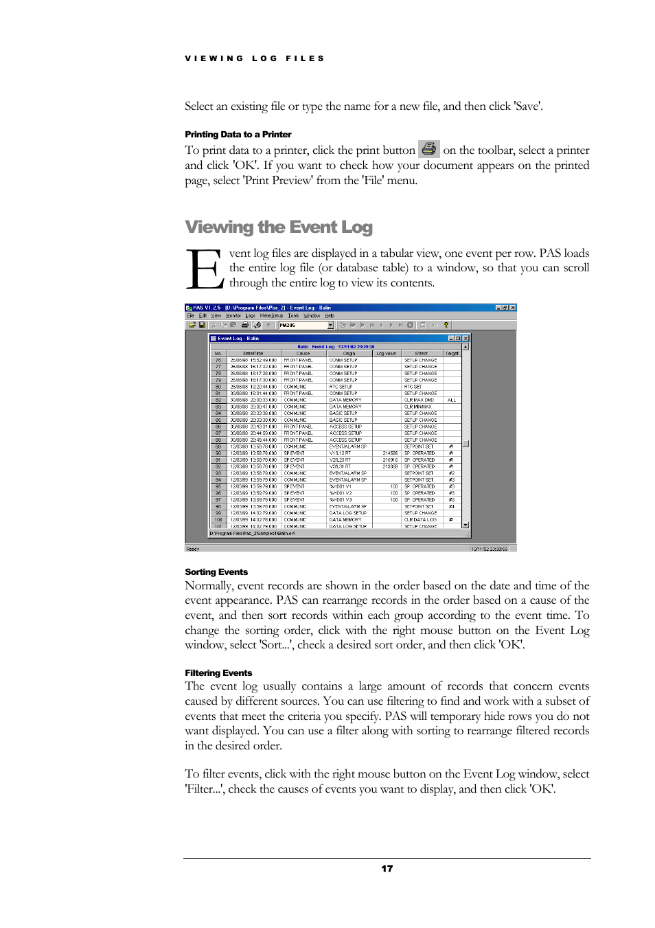 Printing data to a printer, Viewing the event log, Sorting events | Filtering events | SATEC PAS User Manual | Page 19 / 27