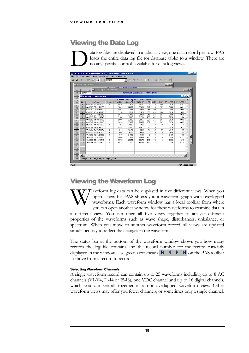 Viewing the data log, Viewing the waveform log, Selecting waveform channels | SATEC PAS User Manual | Page 20 / 27