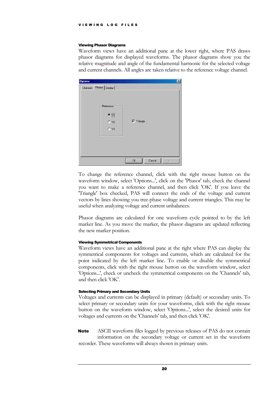 Viewing phasor diagrams, Viewing symmetrical components, Selecting primary and secondary units | SATEC PAS User Manual | Page 22 / 27