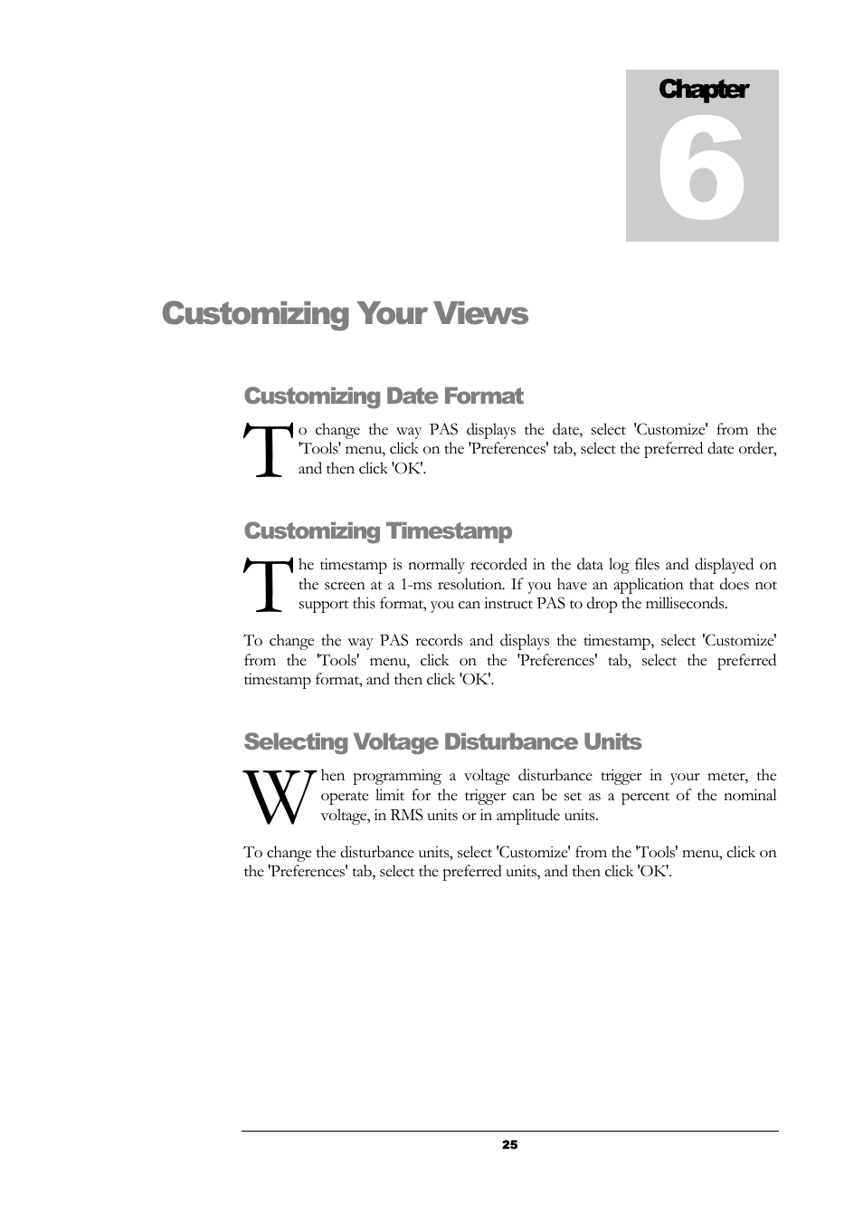 Customizing date format, Customizing timestamp, Selecting voltage disturbance units | T t w | SATEC PAS User Manual | Page 27 / 27