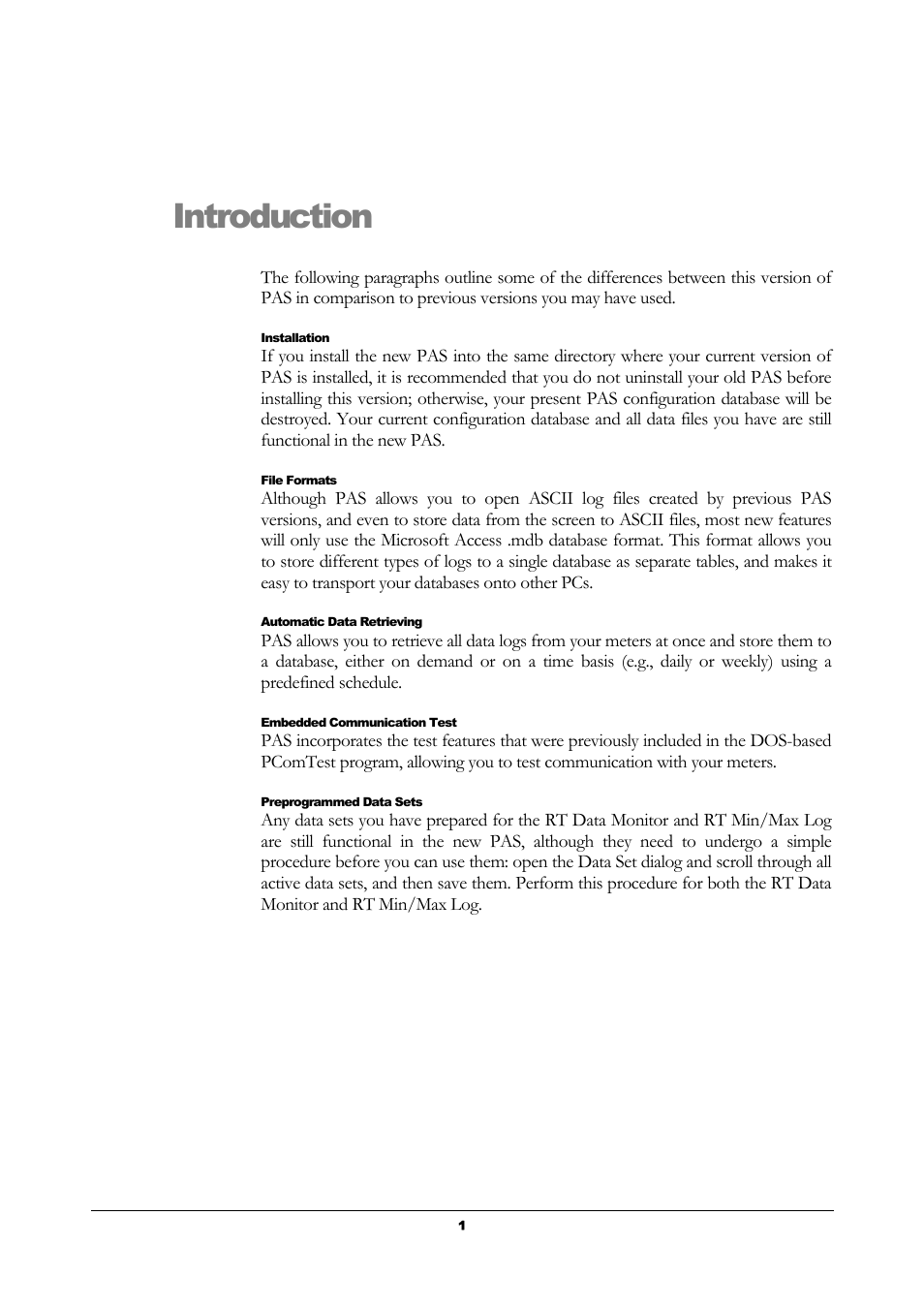 Installation, File formats, Automatic data retrieving | Embedded communication test, Preprogrammed data sets, Introduction | SATEC PAS User Manual | Page 3 / 27