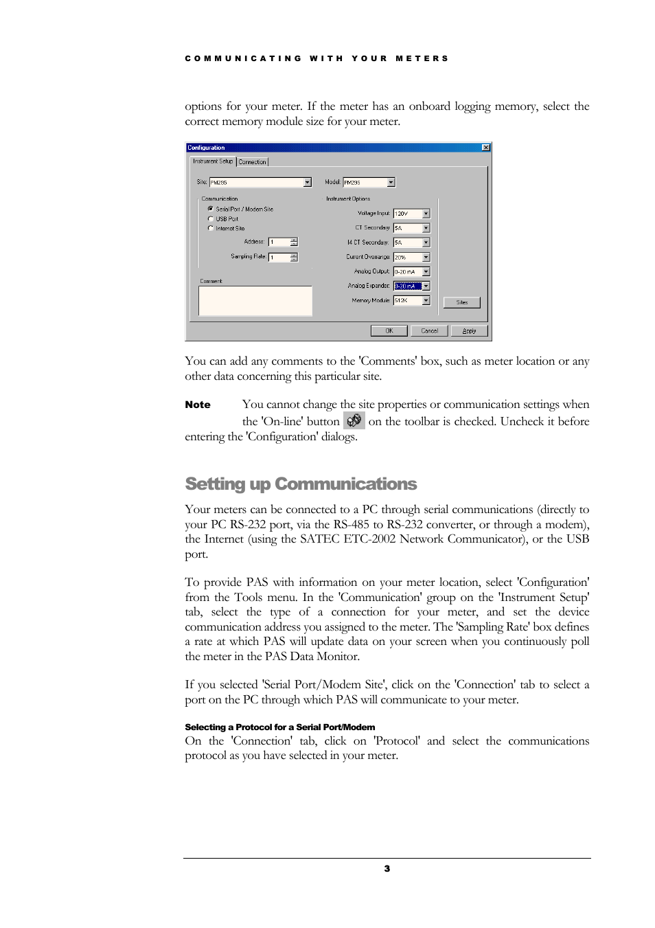 Setting up communications, Selecting a protocol for a serial port/modem | SATEC PAS User Manual | Page 5 / 27