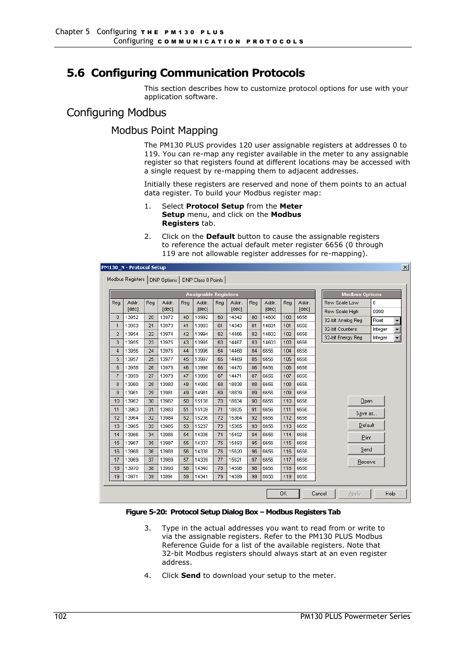 Configuring communication protocols, Configuring modbus, 6 configuring communication protocols | Modbus point mapping | SATEC PM130 PLUS Manual User Manual | Page 102 / 159