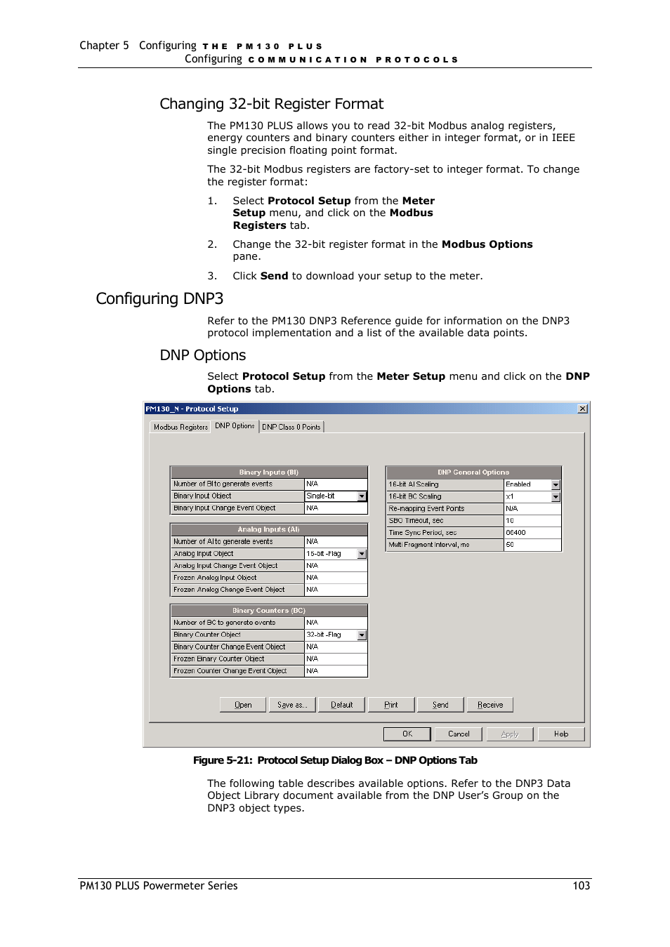 Configuring dnp3, Changing 32-bit register format, Dnp options | SATEC PM130 PLUS Manual User Manual | Page 103 / 159