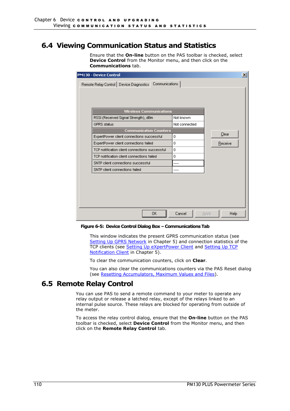 Viewing communication status and statistics, Remote relay control, 4 viewing communication status and statistics | 5 remote relay control | SATEC PM130 PLUS Manual User Manual | Page 110 / 159