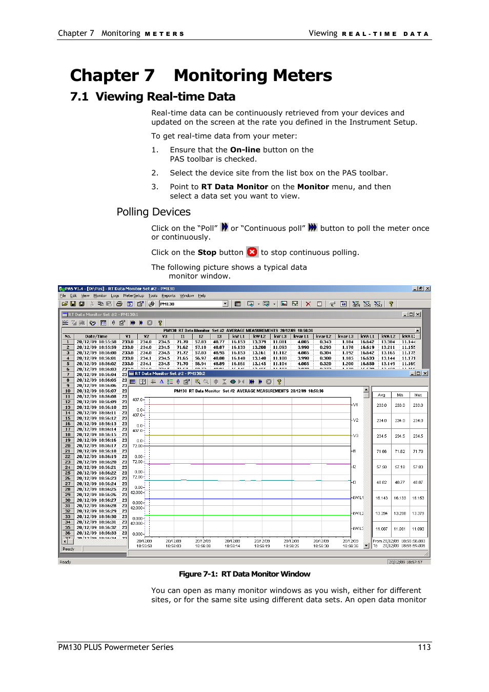 Chapter 7, Monitoring meters, Viewing real-time data | Chapter 7 monitoring meters, 1 viewing real-time data, Polling devices | SATEC PM130 PLUS Manual User Manual | Page 113 / 159