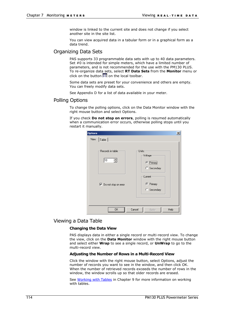 Organizing data sets, Polling options, Viewing a data table | SATEC PM130 PLUS Manual User Manual | Page 114 / 159