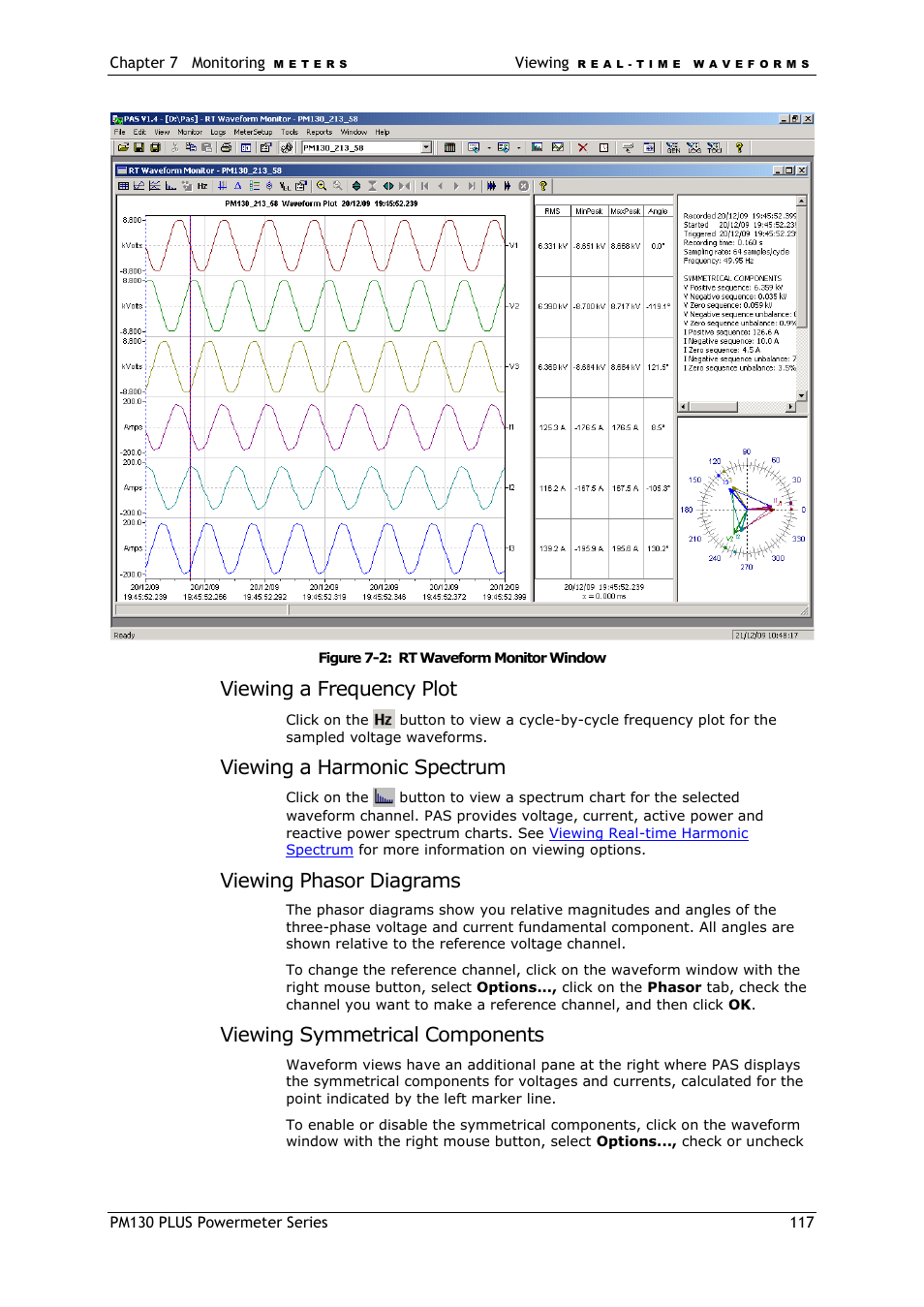 Viewing a frequency plot, Viewing a harmonic spectrum, Viewing phasor diagrams | Viewing symmetrical components | SATEC PM130 PLUS Manual User Manual | Page 117 / 159