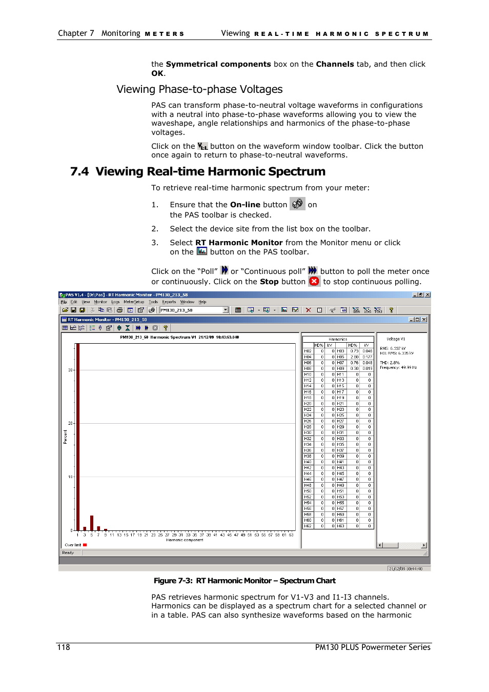 Viewing real-time harmonic spectrum, Viewing real-time harmonic, Spectrum | 4 viewing real-time harmonic spectrum, Viewing phase-to-phase voltages | SATEC PM130 PLUS Manual User Manual | Page 118 / 159