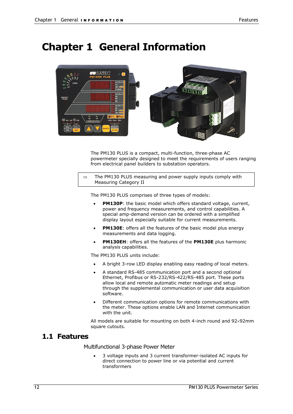Chapter 1, General information, Features | Chapter 1 general information, 1 features | SATEC PM130 PLUS Manual User Manual | Page 12 / 159