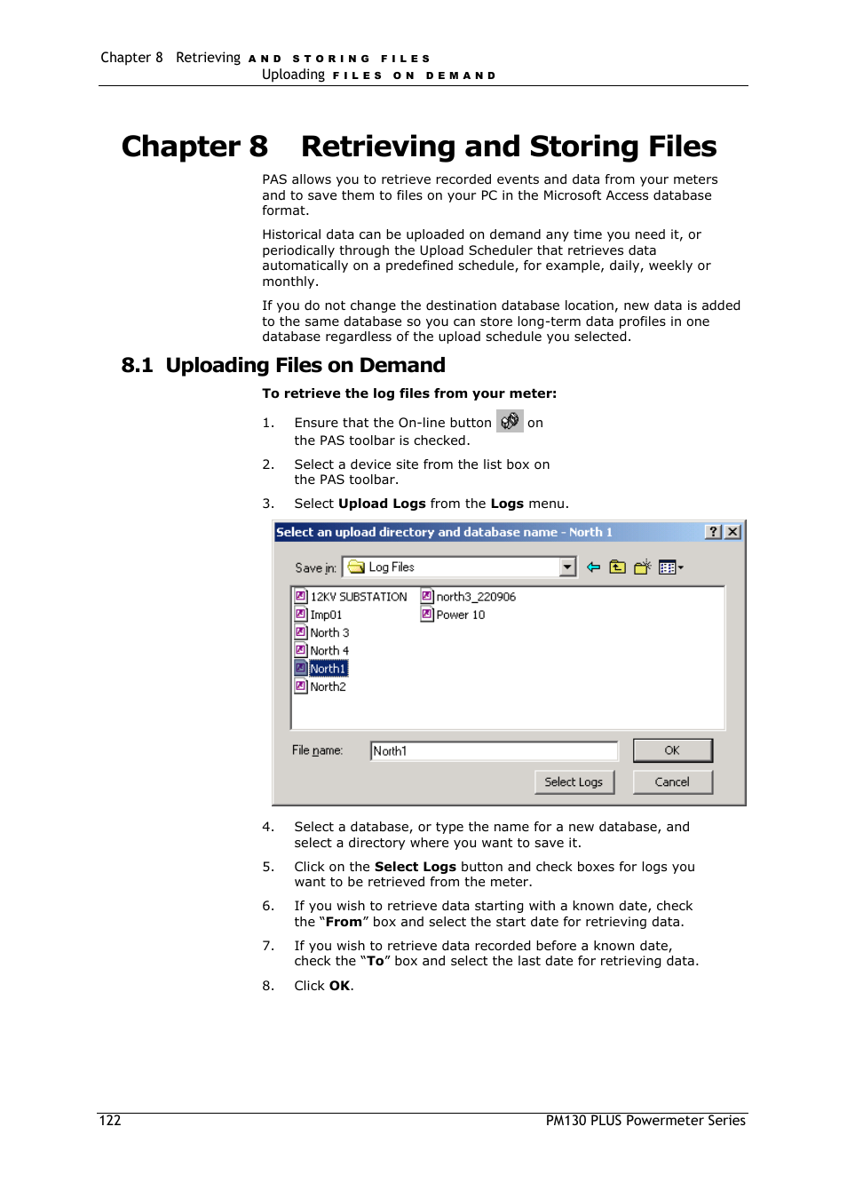 Chapter 8, Retrieving and storing files, Uploading files on demand | Chapter 8 retrieving and storing files, 1 uploading files on demand | SATEC PM130 PLUS Manual User Manual | Page 122 / 159