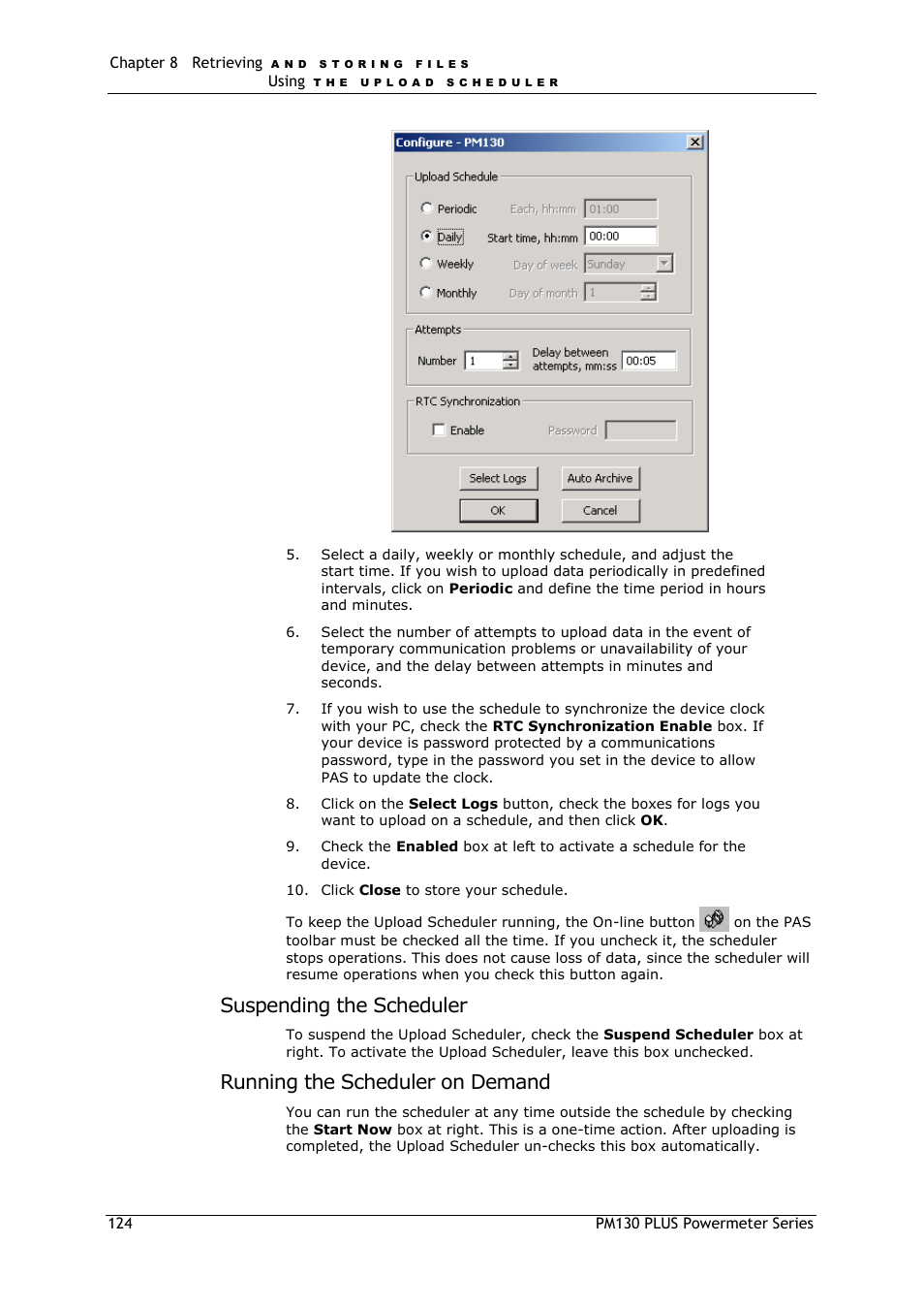 Suspending the scheduler, Running the scheduler on demand | SATEC PM130 PLUS Manual User Manual | Page 124 / 159