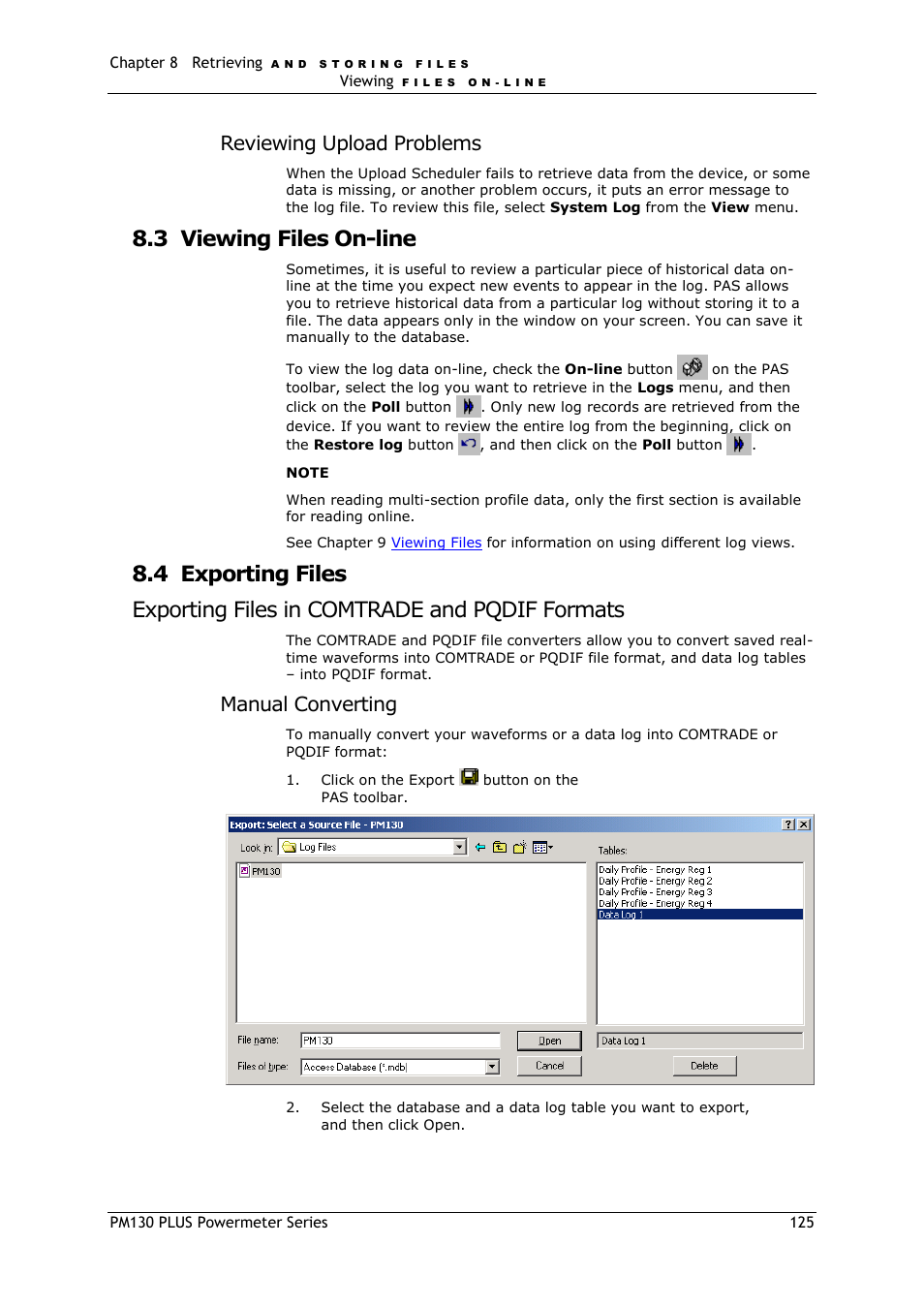 Viewing files on-line, Exporting files, Exporting files in comtrade and pqdif formats | 3 viewing files on-line, Reviewing upload problems, Manual converting | SATEC PM130 PLUS Manual User Manual | Page 125 / 159