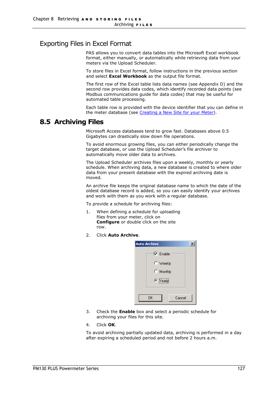 Exporting files in excel format, Archiving files, 5 archiving files | SATEC PM130 PLUS Manual User Manual | Page 127 / 159