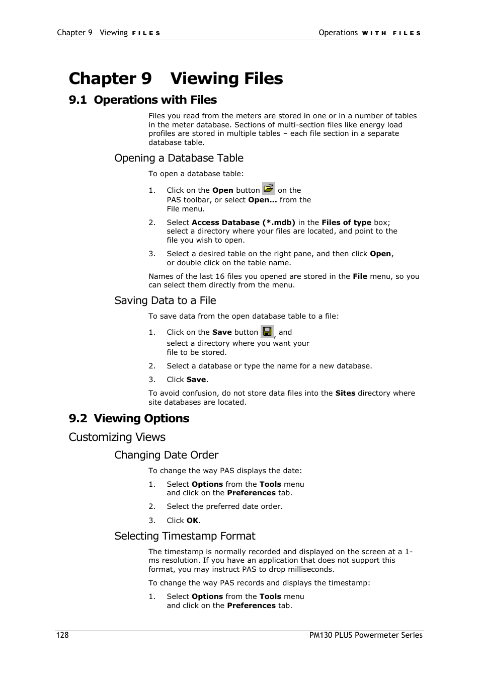 Chapter 9, Viewing files, Operations with files | Viewing options, Customizing views, Chapter 9 viewing files, 1 operations with files, 2 viewing options customizing views, Opening a database table, Saving data to a file | SATEC PM130 PLUS Manual User Manual | Page 128 / 159