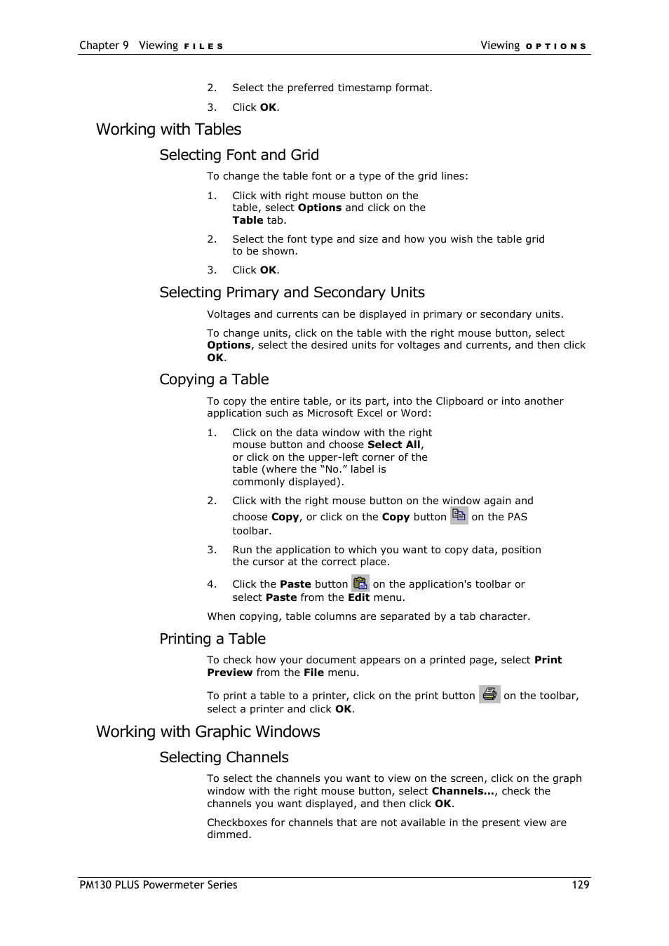 Working with tables, Working with graphic windows, Selecting font and grid | Selecting primary and secondary units, Copying a table, Printing a table, Selecting channels | SATEC PM130 PLUS Manual User Manual | Page 129 / 159
