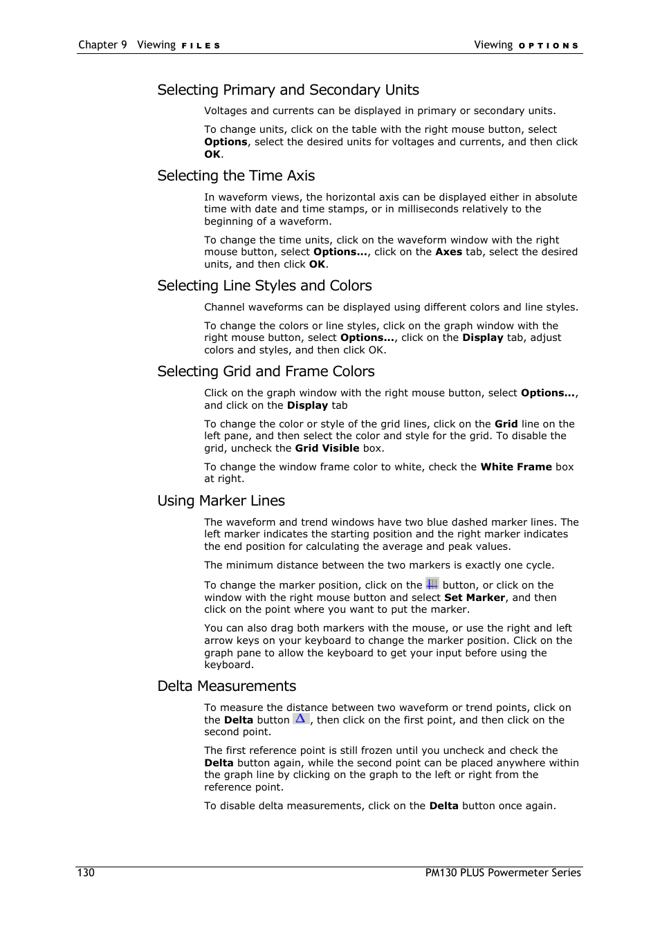 Selecting primary and secondary units, Selecting the time axis, Selecting line styles and colors | Selecting grid and frame colors, Using marker lines, Delta measurements | SATEC PM130 PLUS Manual User Manual | Page 130 / 159