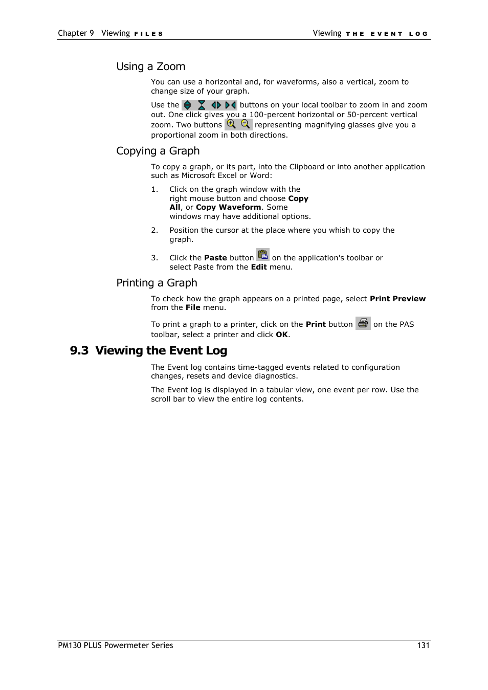 Viewing the event log, 3 viewing the event log, Using a zoom | Copying a graph, Printing a graph | SATEC PM130 PLUS Manual User Manual | Page 131 / 159