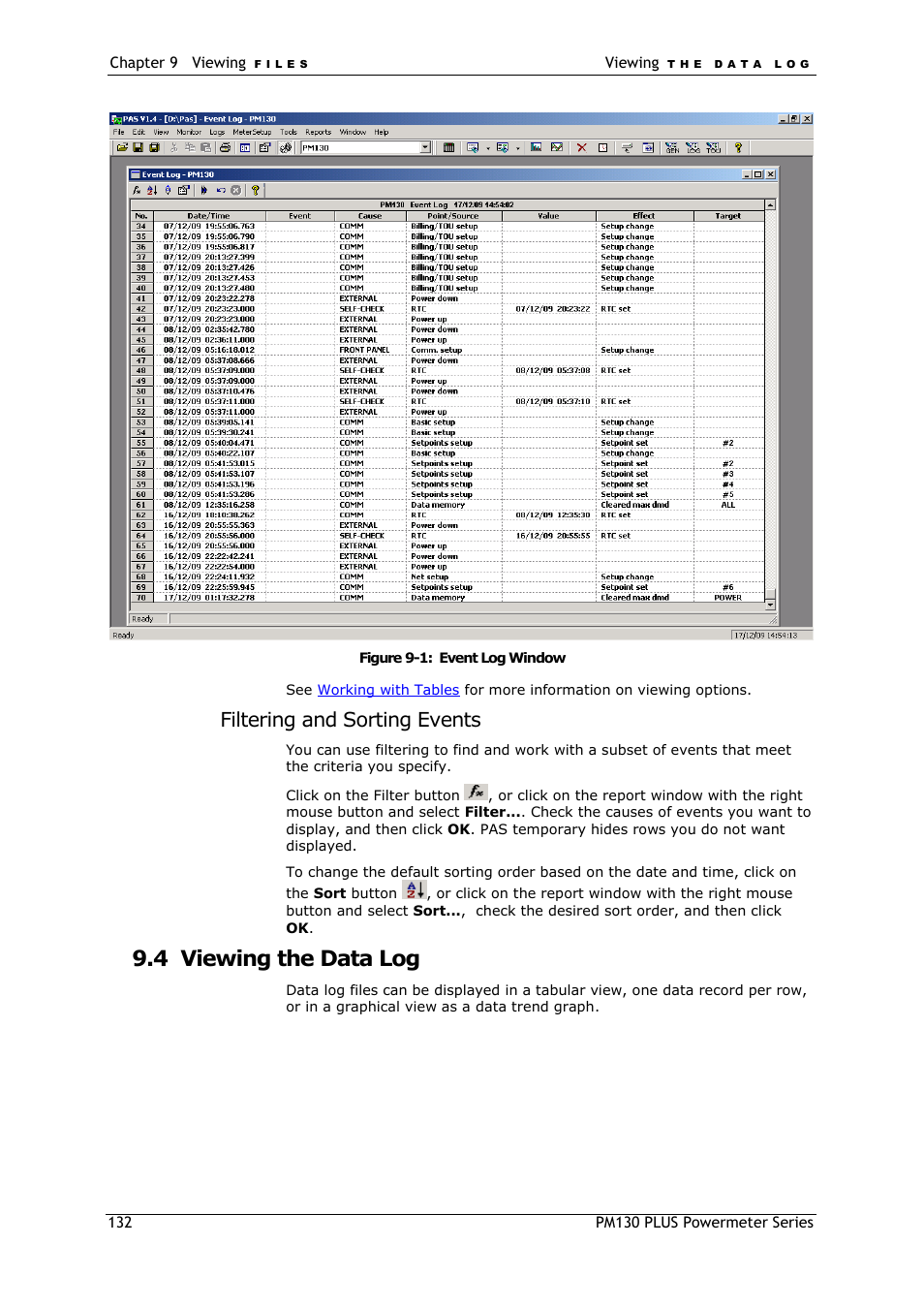 Viewing the data log, 4 viewing the data log, Filtering and sorting events | SATEC PM130 PLUS Manual User Manual | Page 132 / 159