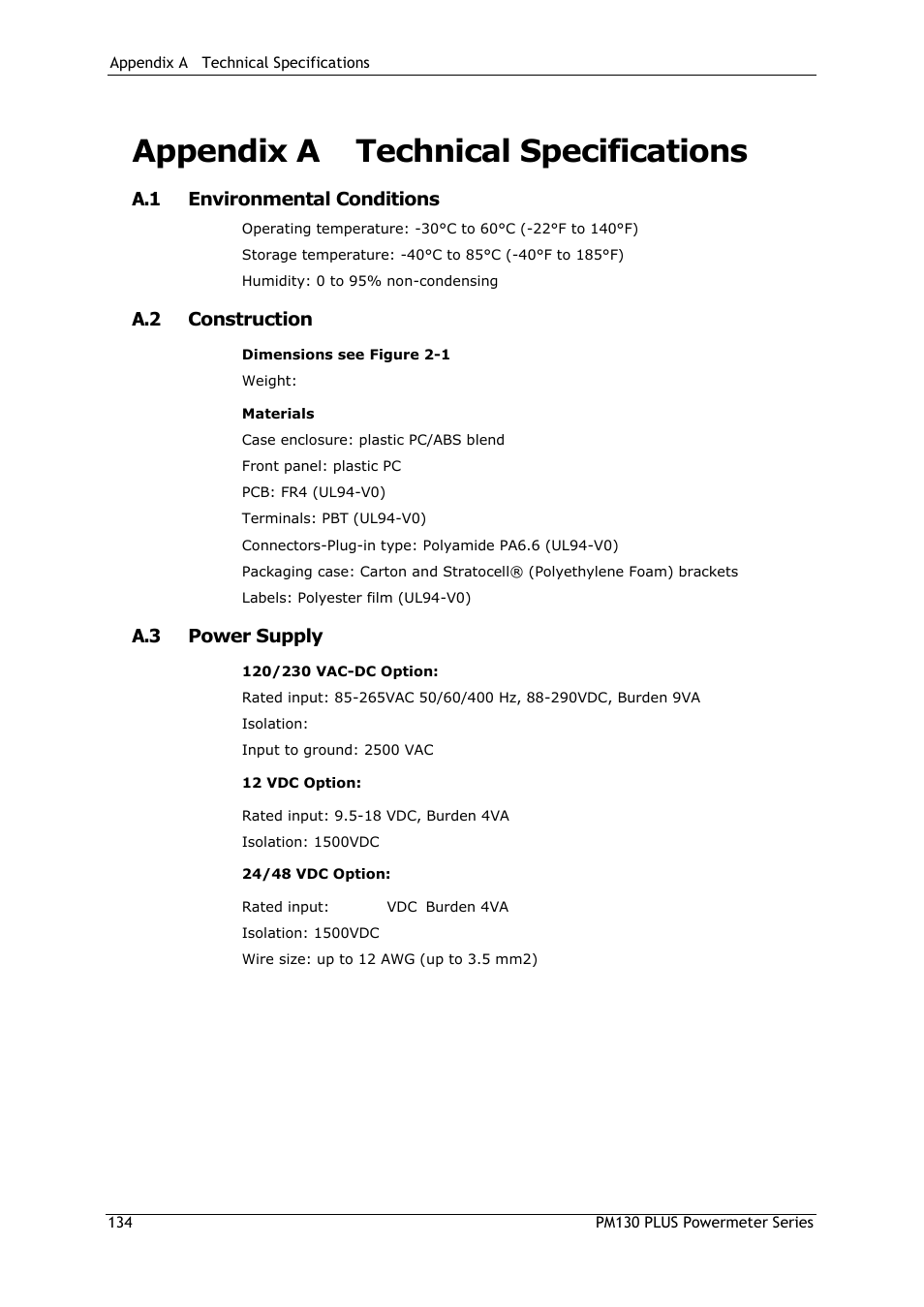 Appendix a, Technical specifications, Appendix a technical specifications | SATEC PM130 PLUS Manual User Manual | Page 134 / 159