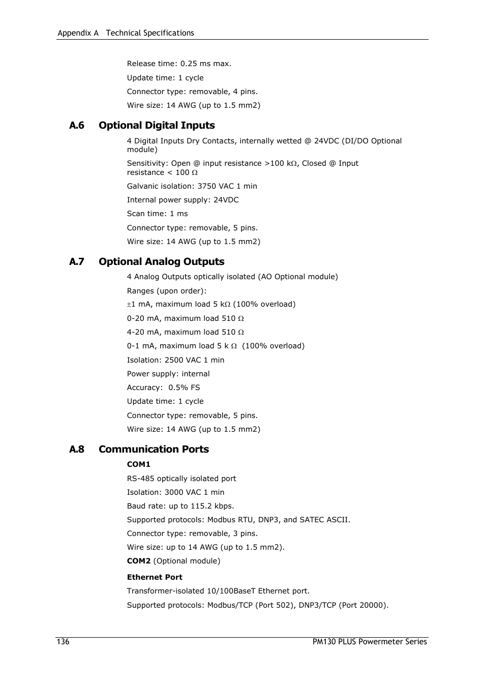 A.6 optional digital inputs, A.7 optional analog outputs, A.8 communication ports | SATEC PM130 PLUS Manual User Manual | Page 136 / 159