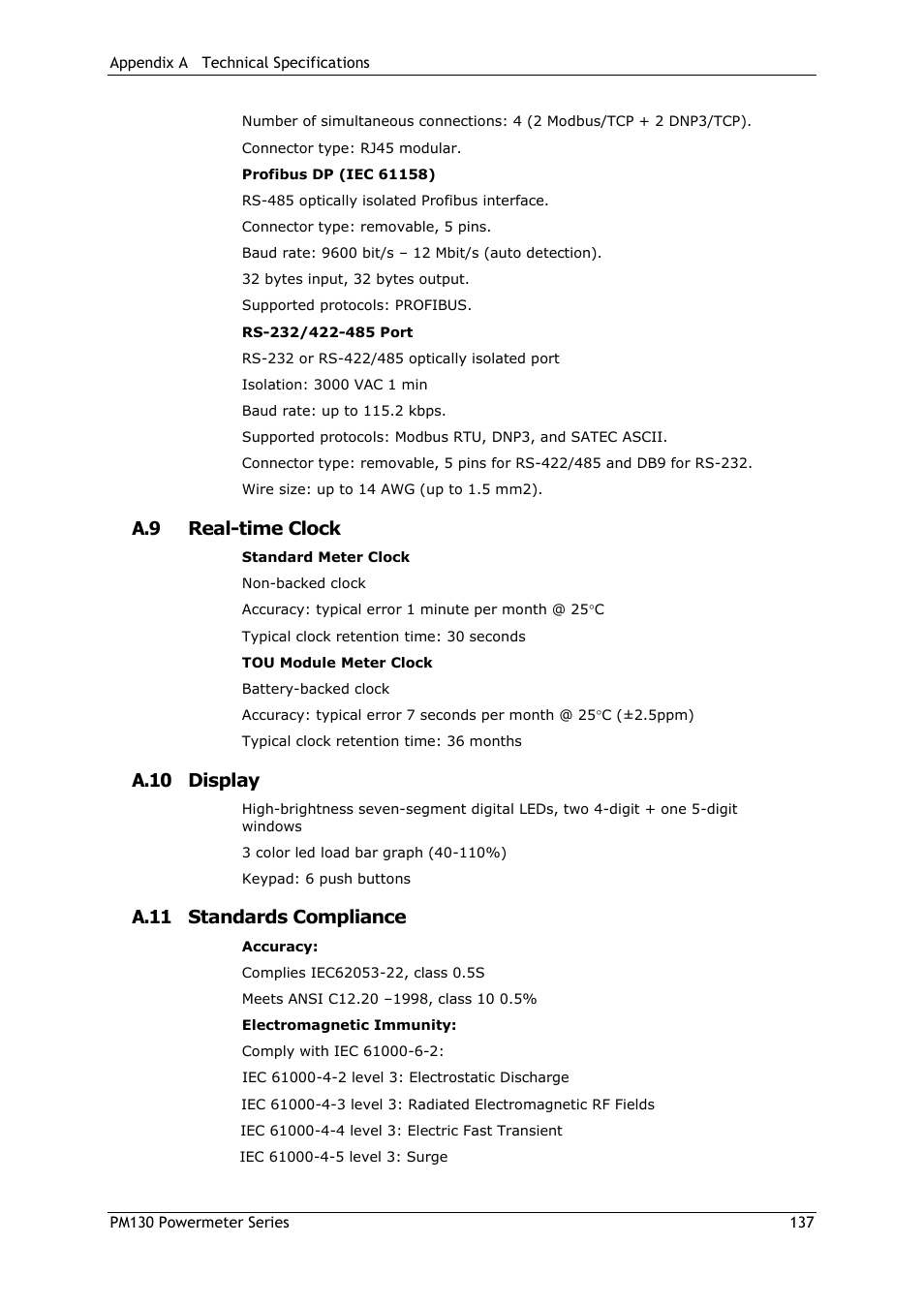 A.9 real-time clock, A.10 display, A.11 standards compliance | SATEC PM130 PLUS Manual User Manual | Page 137 / 159