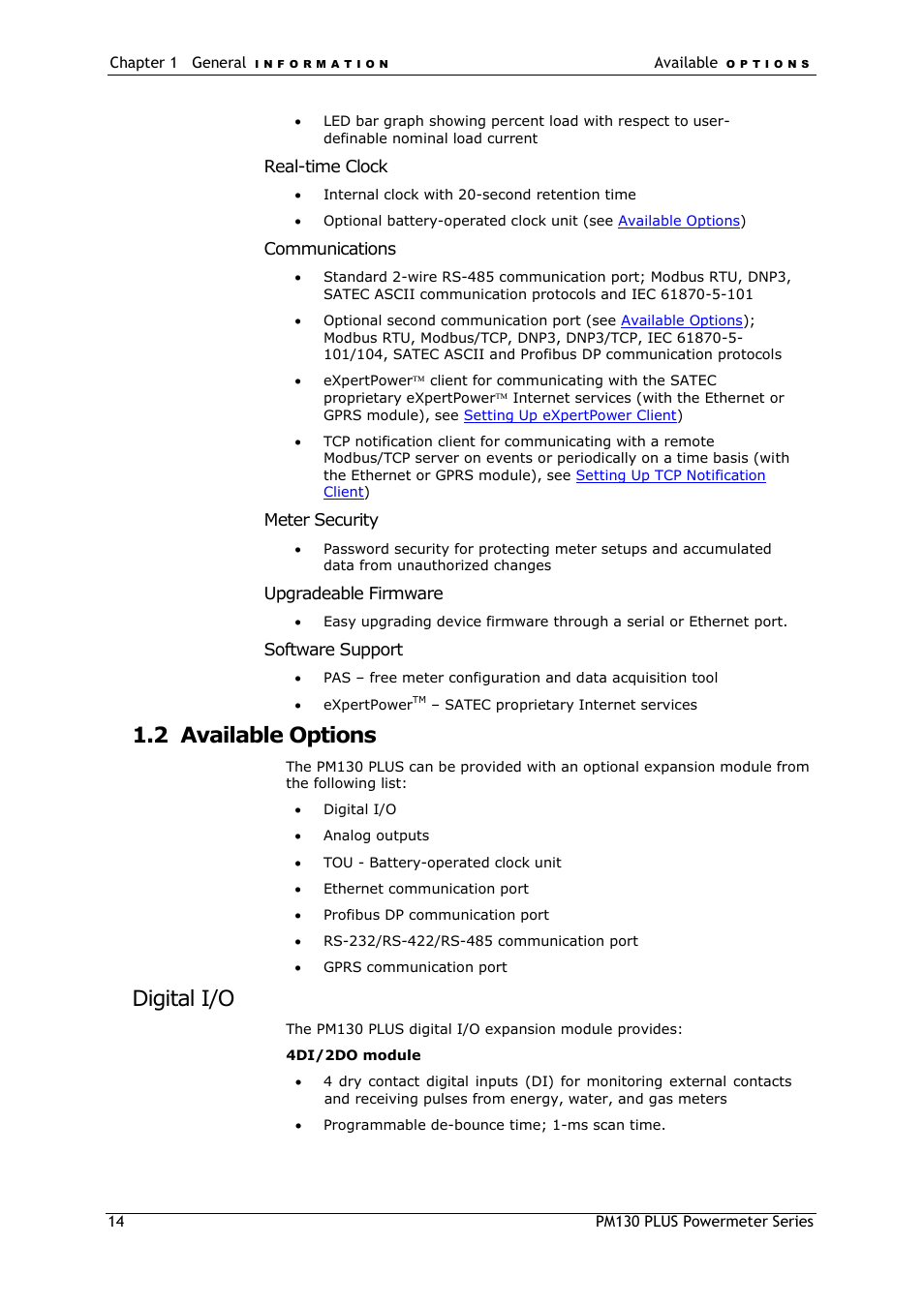 Available options, Digital i/o, 2 available options | SATEC PM130 PLUS Manual User Manual | Page 14 / 159