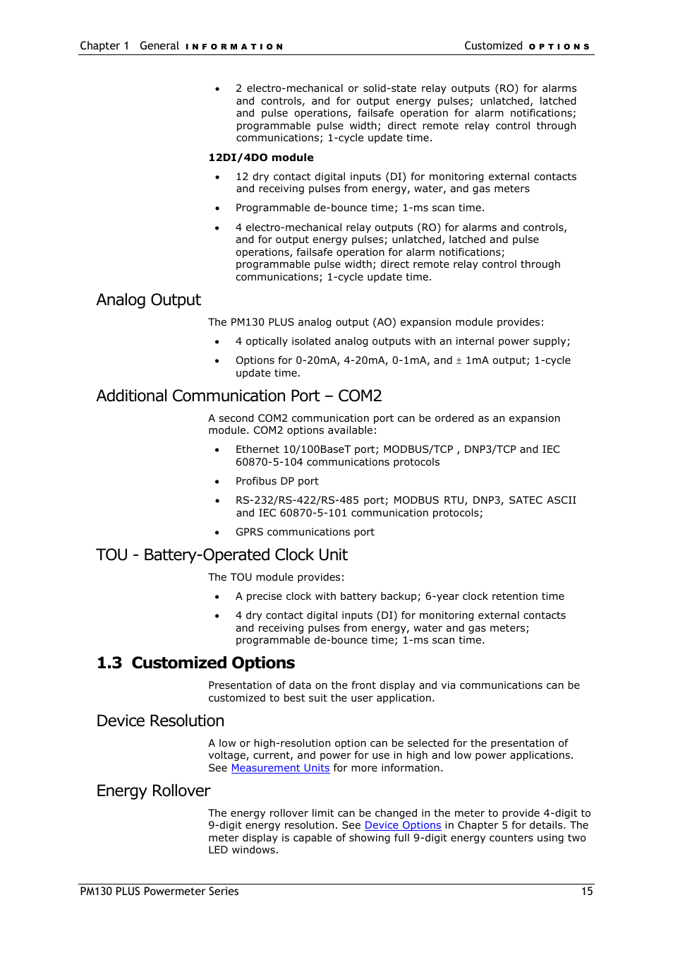 Analog output, Additional communication port – com2, Tou - battery-operated clock unit | Customized options, Device resolution, Energy rollover, 3 customized options | SATEC PM130 PLUS Manual User Manual | Page 15 / 159