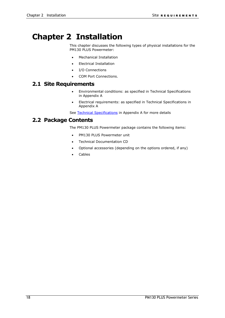 Chapter 2, Installation, Site requirements | Package contents, Chapter 2 installation, 1 site requirements, 2 package contents | SATEC PM130 PLUS Manual User Manual | Page 18 / 159
